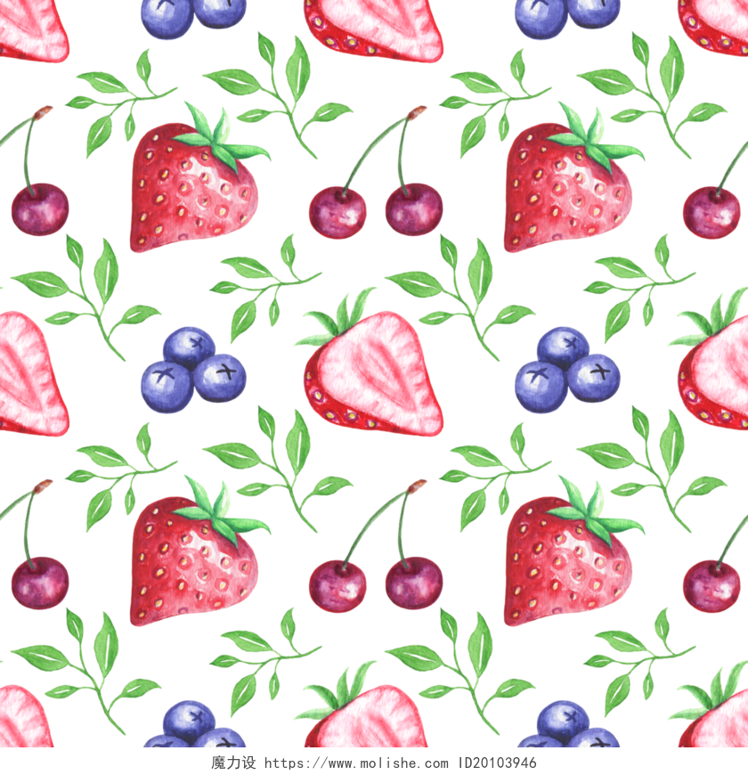绿色枝叶水果花环草莓蓝莓樱桃背景